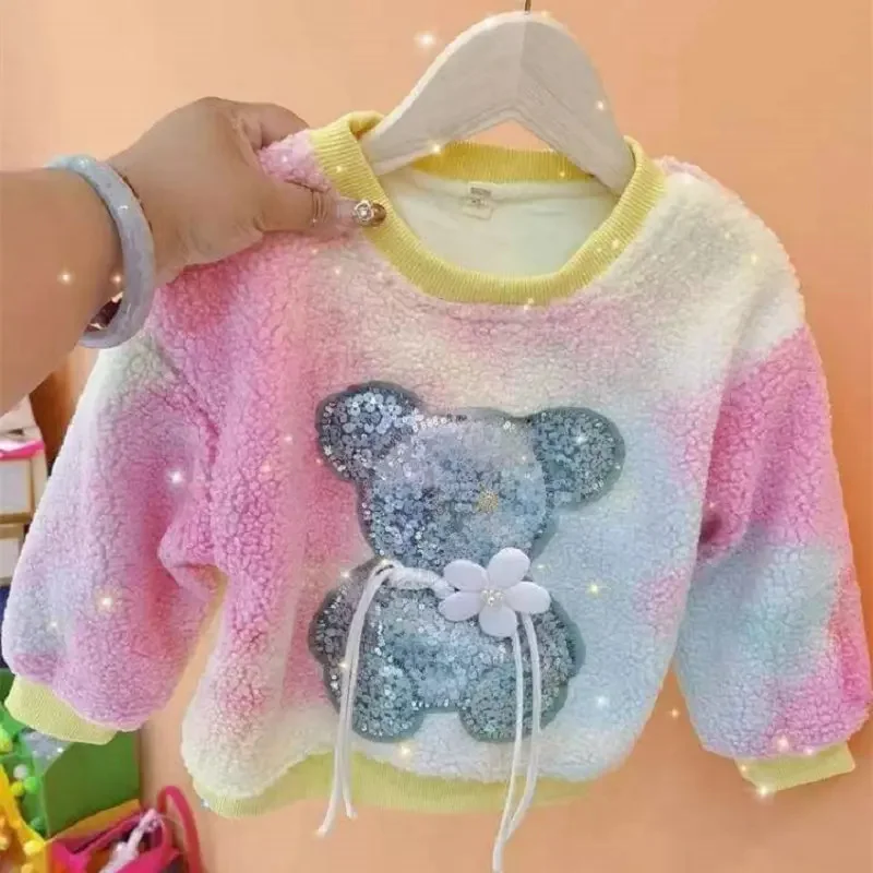 Girls Winter Baby Sweet 3D Sequin Work Cartoon Full Fleece Sweatshirt Jacket Kids Track Coat Tops Child Pullover Jumper 2-8Years