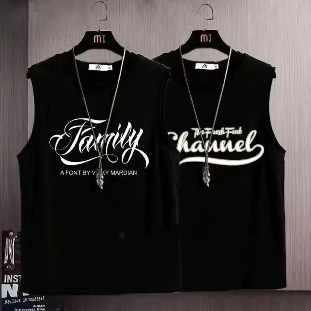 Summer Men Quick Drying Sleeveless Vest with Fashionable Printed Ice Silk Thin Breathable T-shirt