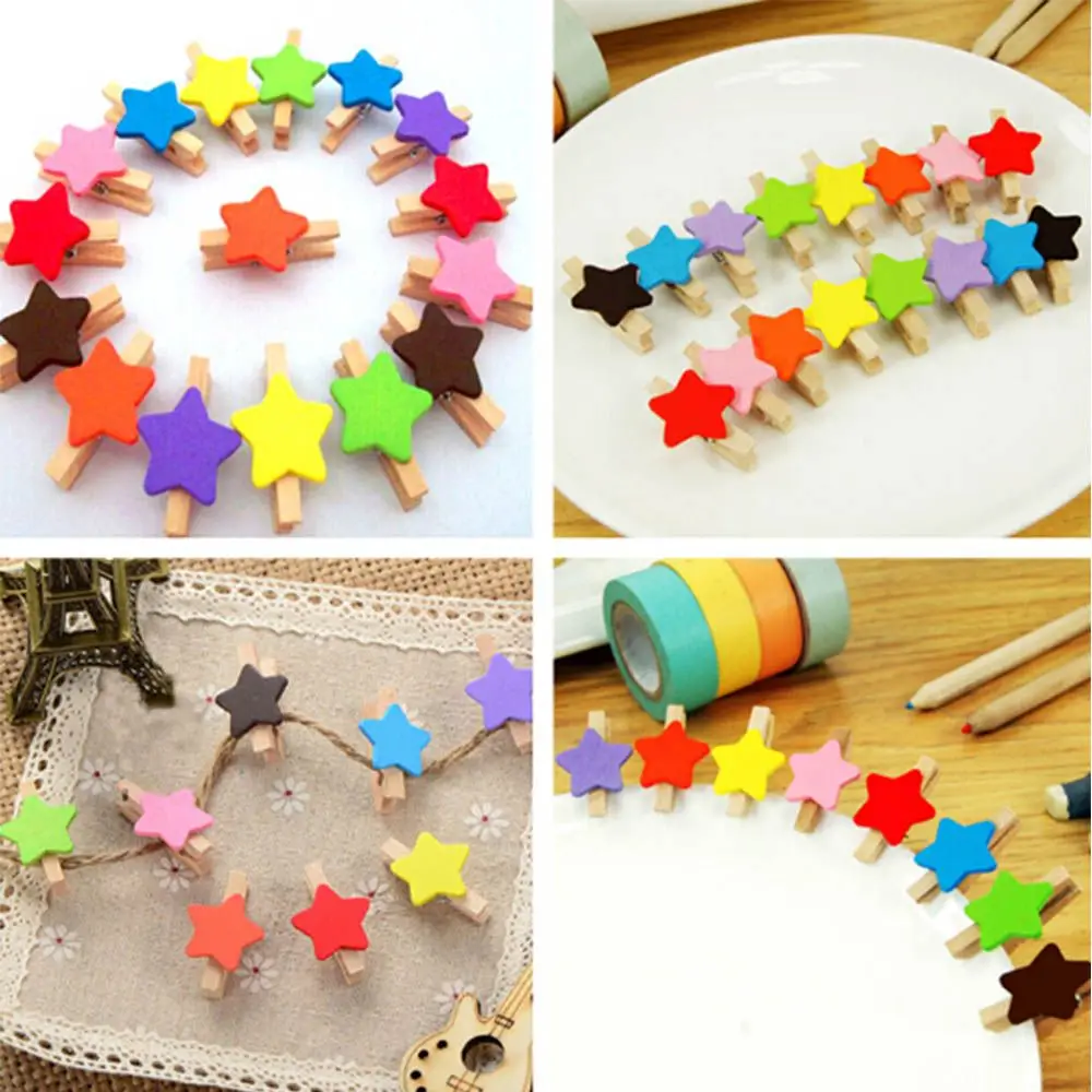 50Pcs Colored Star Mini Wooden Craft Clips Card Photo Paper Peg Pin Clothespin Home Wedding Decoration