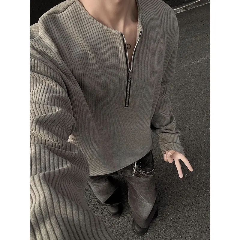 الرجال سستة المرقعة الصلبة كم طويل الاتجاه قمم ربيع الخريف طويلة الأكمام فضفاضة الكورية تي شيرت أزياء الرجال عارضة الملابس