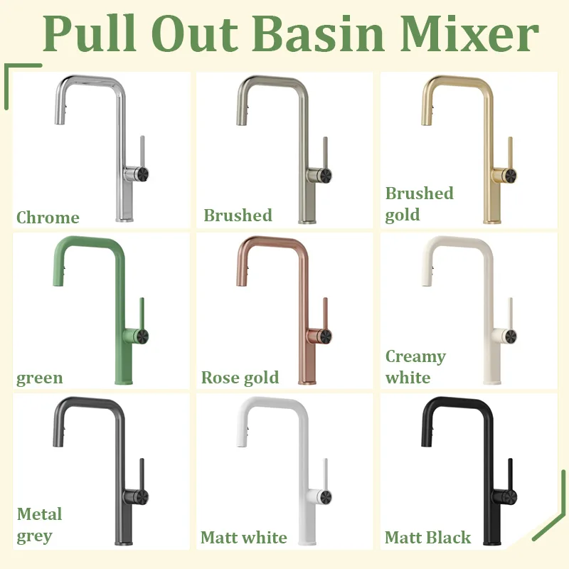 

Basin Faucet 60cm Pull Out Spout One Handed Switch 2Functions Water Flow Hot Cold Mixer Tap Green Rose Gold White Brass Body