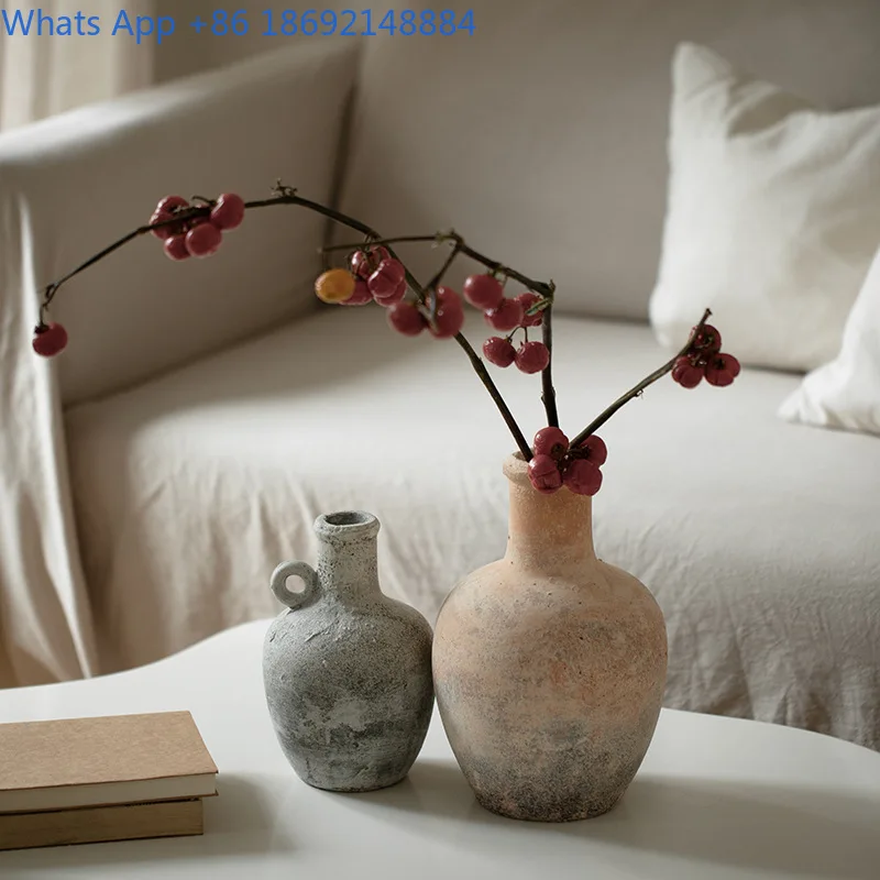 

Vintage Coarse Pottery Vase with Handle, Antique Style Pottery Jar for Homestay, Hotel, Zen Home Decor, Ceramic Flower Vase