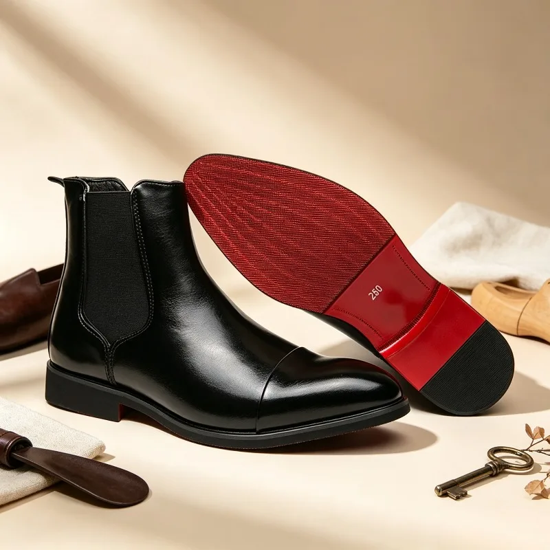Bottines Chelsea à bout renforcé pour hommes, semelle rouge, côtés élastiques noirs, bottines formelles pour affaires et mariage.