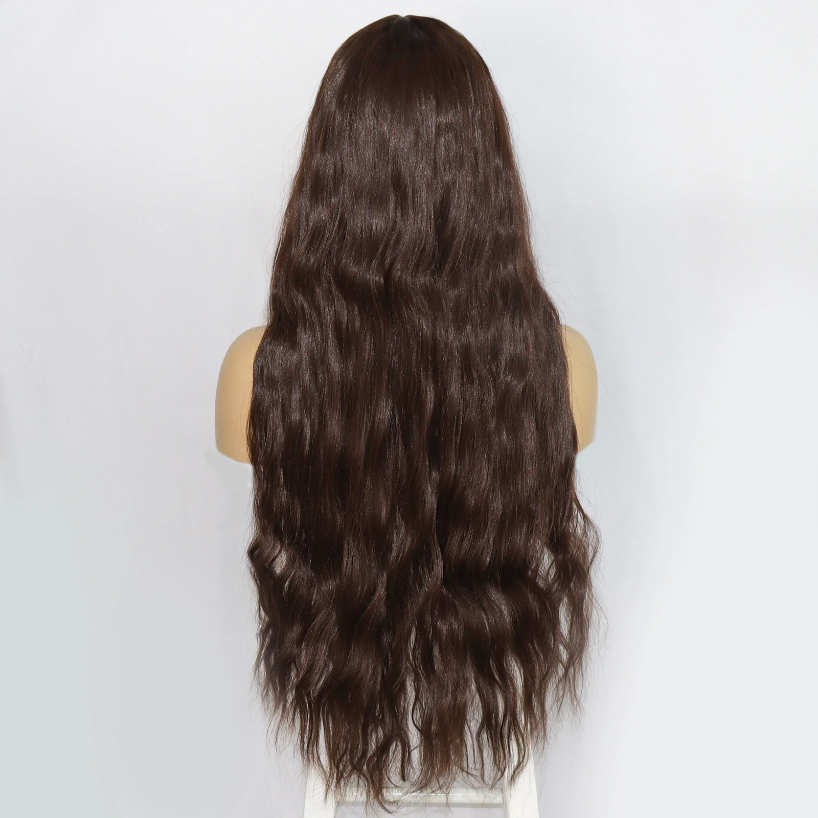 Extra Long Women Dark Brown Water Wave Synthetic Wig Full Fringe Bangs Heat Resistant Fiber Wig For Daily Party Cos