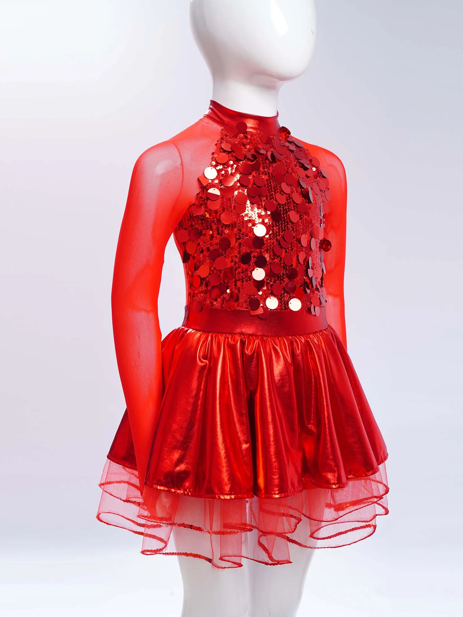 Children Sheer Mesh Skating Dancewear Kids Girls Sparkling Sequins Ballet Tutu Dress Metallic Jazz Dance Performance Costume