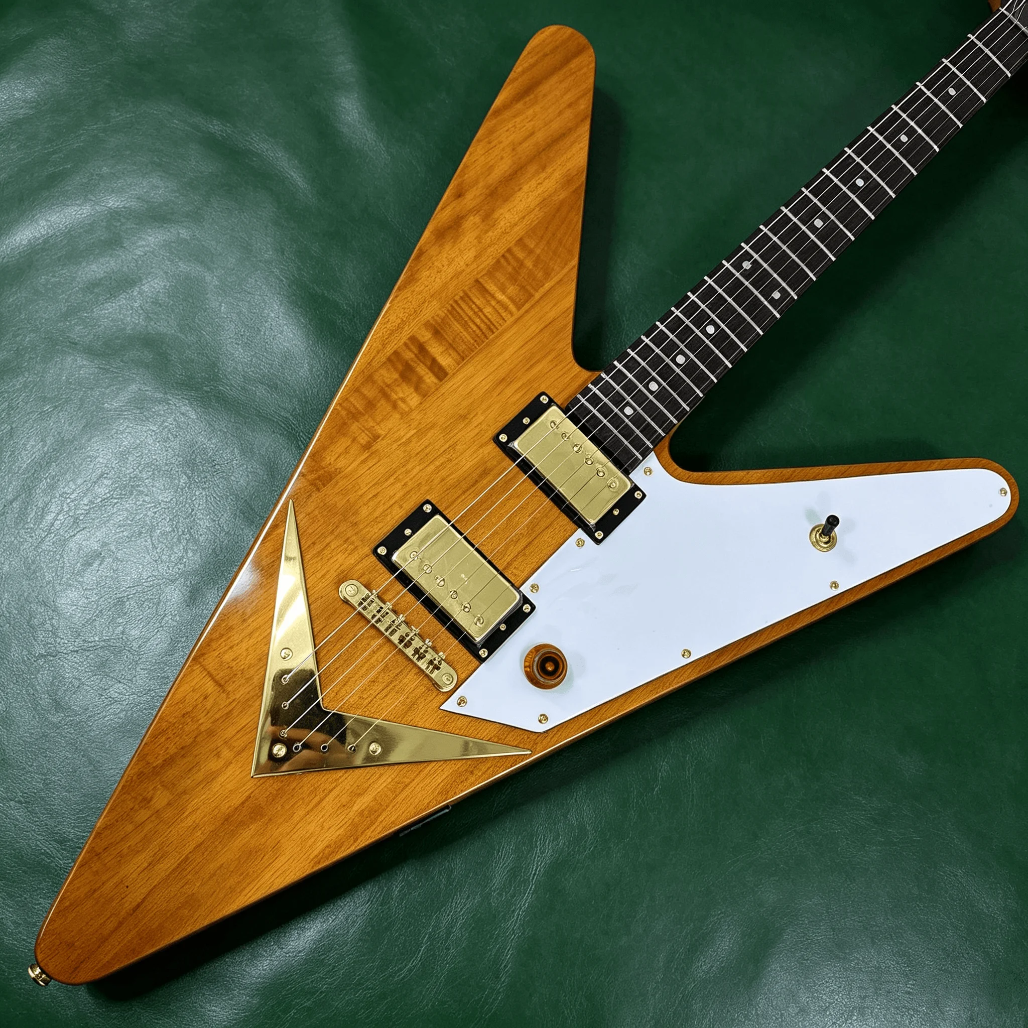 US Warehouse Natural Amber Flying V Electric Guitar Vintage White Pickguard HH Gold Hardware Heavy Metal Guitar Free Shipping view 7