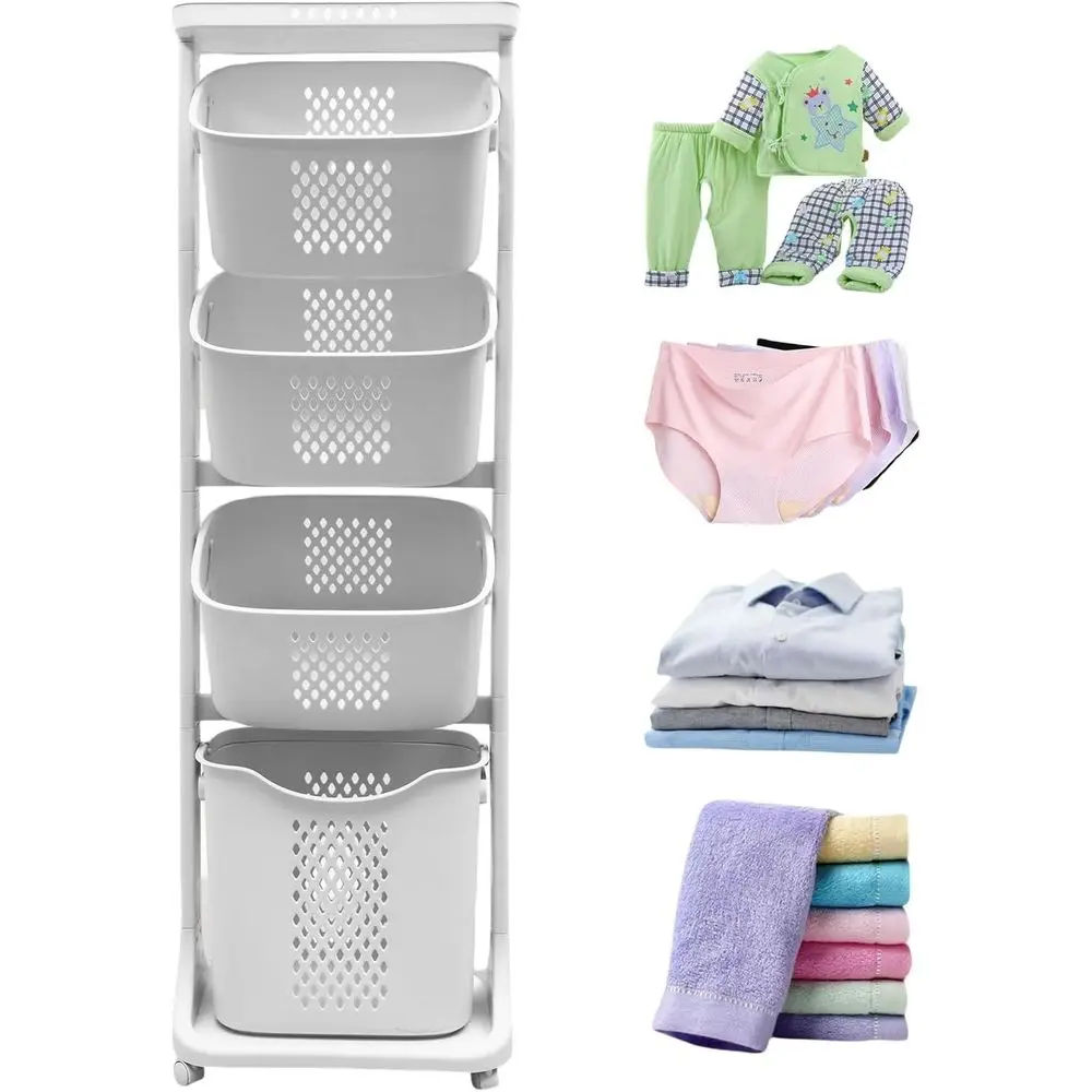 

4-Tier Rolling Laundry Hamper Organizer with Removable Baskets for Home Storage