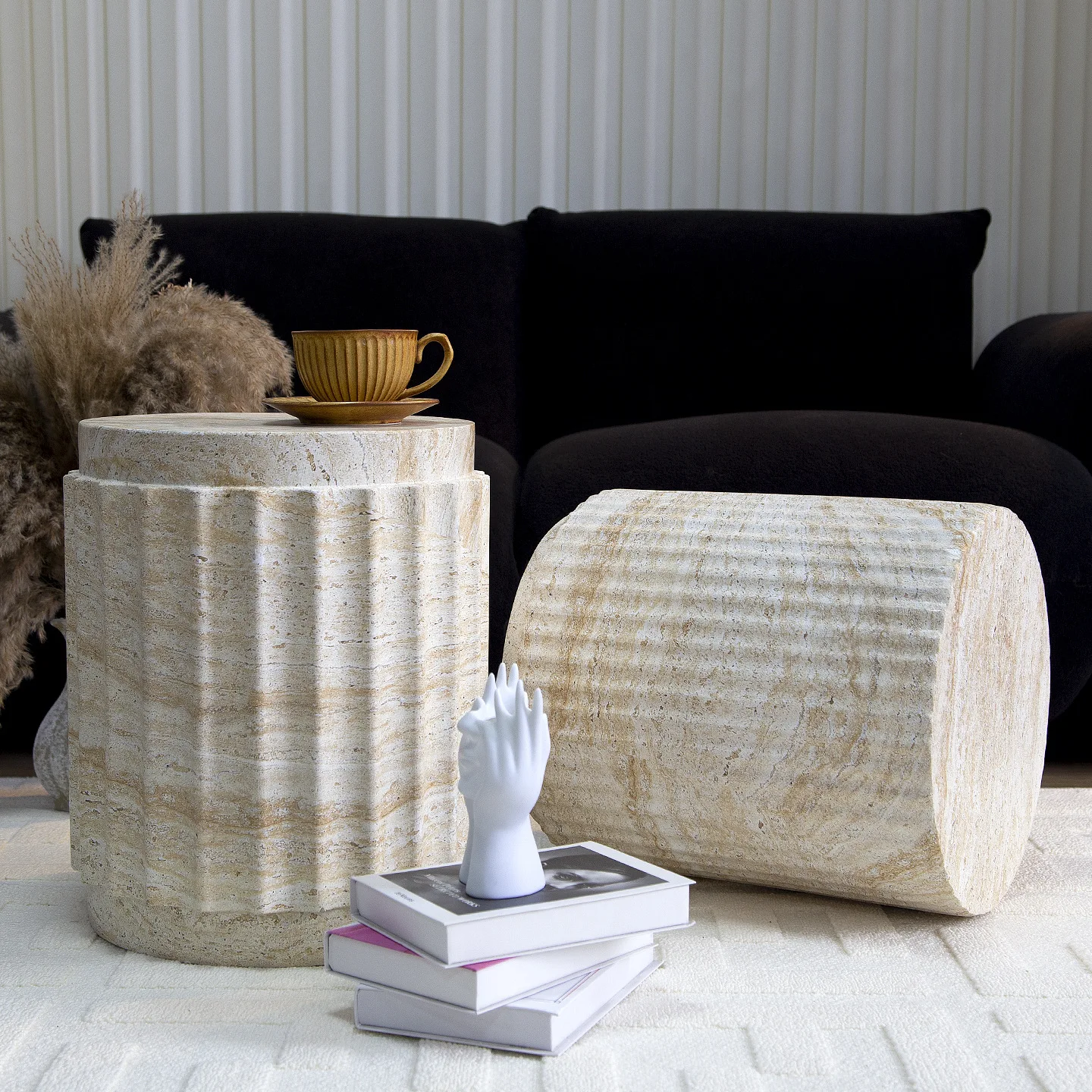 Modern Faux Travertine Roman Column Side Table Mid Century Round Coffee Table for Balcony Living Room