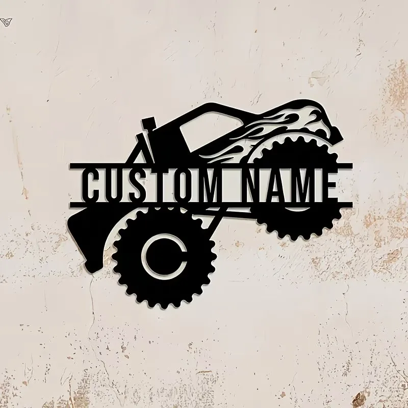 Personalized Monster Truck Metal Wall Art, metal Garage Decor with All-Terrain Tires & Flame Design for Home, for Man Cave