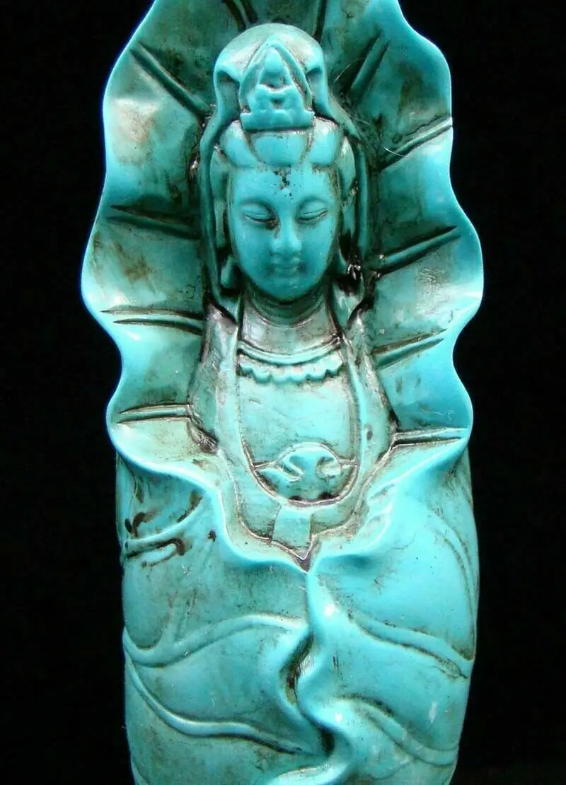 Handmade Carved Chinese Turquoise Statue Kwan-yin Lotus Exquisite