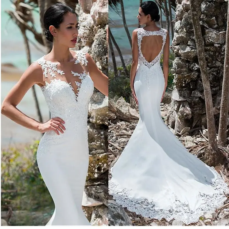 

Sexy Mermaid Wedding Dress Sleeveless Lace Appliqued Illusion Back Wedding Gown Long Train Bride Dress Vestidos De Novia Custom