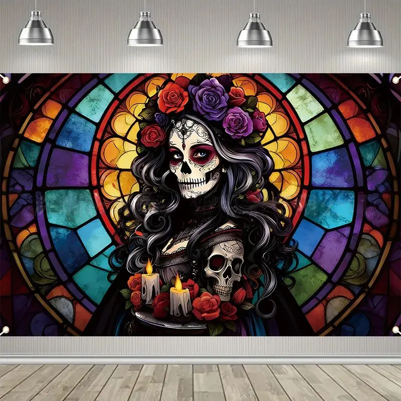 VIKAMA Mexican Day of Dead Tapestry Sugar Skull Flower Girl Halloween Wall Art for Living Room Bedroom Party Carnival Home Decor