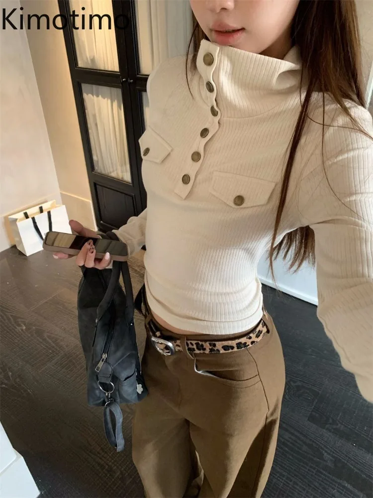 Kimotimo Long Sleeve T-shirt Women Y2k Aesthetic Stand Collar Button Slim Base Tops Autumn Winter Simple Solid Versatile Tees