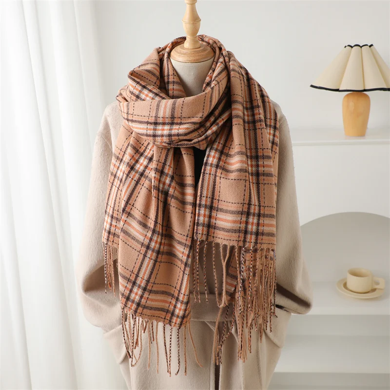 2024 Fashion Winter Thick Pashmina Warm Shawl Wrap Plaid Tassel Blanket Cashmere Like Scarf Women Neckerchief Poncho Stoles