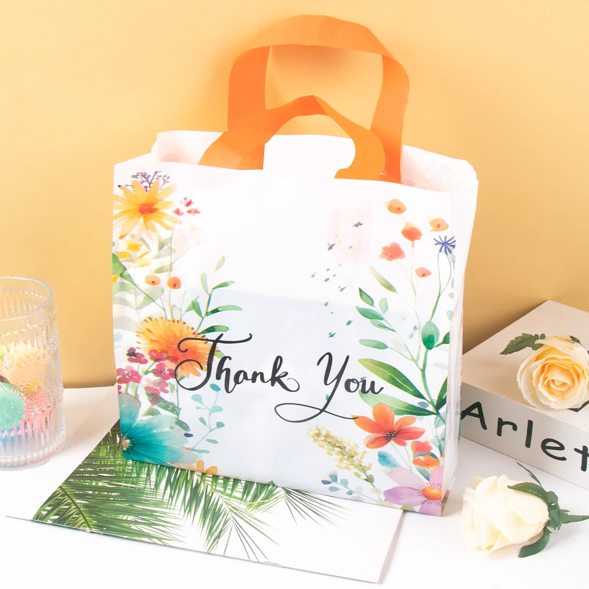 10pcs Thank You Gift Bag with Handles Plastic Floral Design Thank You Tote Bags birthday party packing Bags Wedding Favors Bag