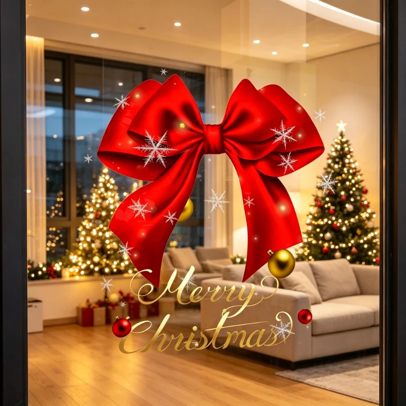 Christmas Window Static Cling Decal, Red Bow Snowflake Ball Merry Christmas Glass Sticker, Shop Home Xmas Holiday Decor Window