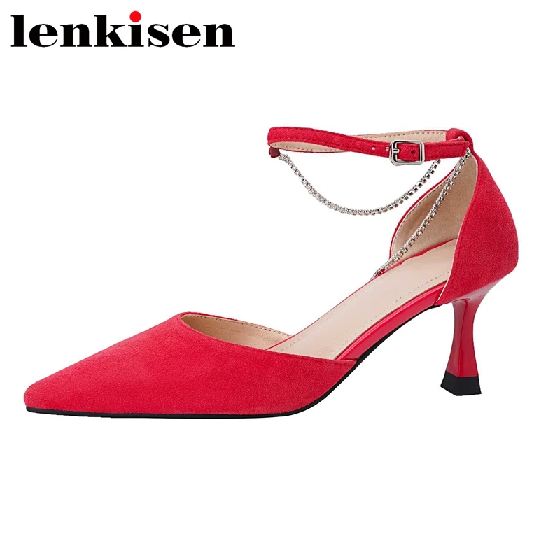 

Lenkisen Kid Suede Pointed Toe Thin High Heel Rhinestone Decoration European Design Mature Elegant Shallow Cozy Women Pumps L03