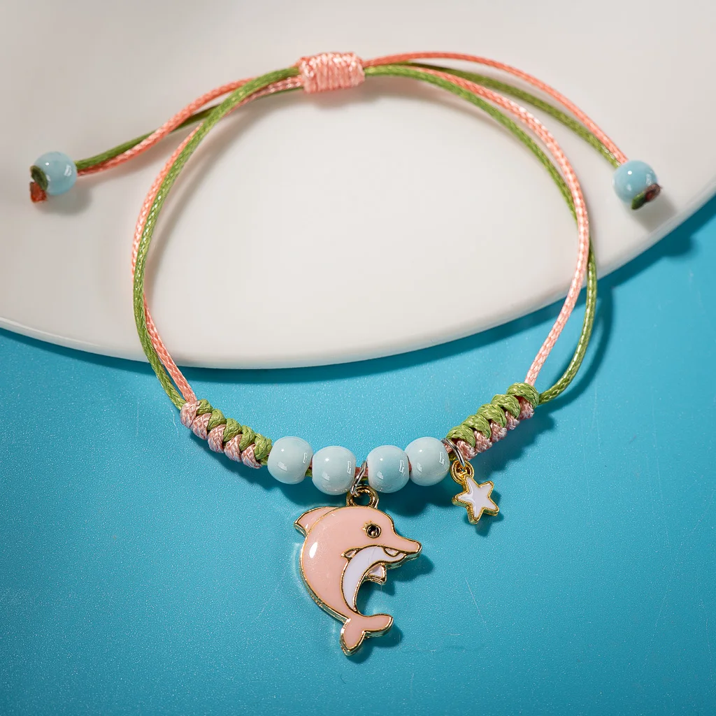 Ocean Series Multicolor Dolphin Alloy Pendant Porcelain Bead Hand Knitted Bracelet #82591