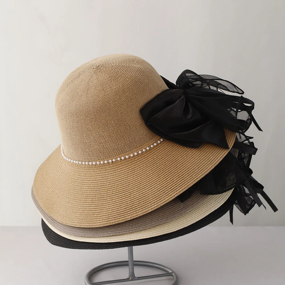 Korean Style Breathable Top Knitting  Straw Hat Summer Fisherman Hat Fairy style Bowknot Basin Hat Beach Hat With Pearls