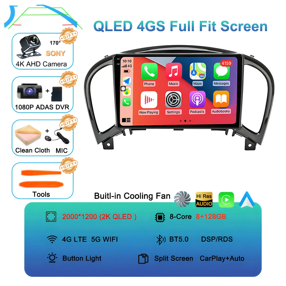Android 16 videospeler Carplay Auto voor Nissan Juke YF15 2010 - 2014 Multimedia autoradio WiFi+4G DSP 2 DIN touchscreen