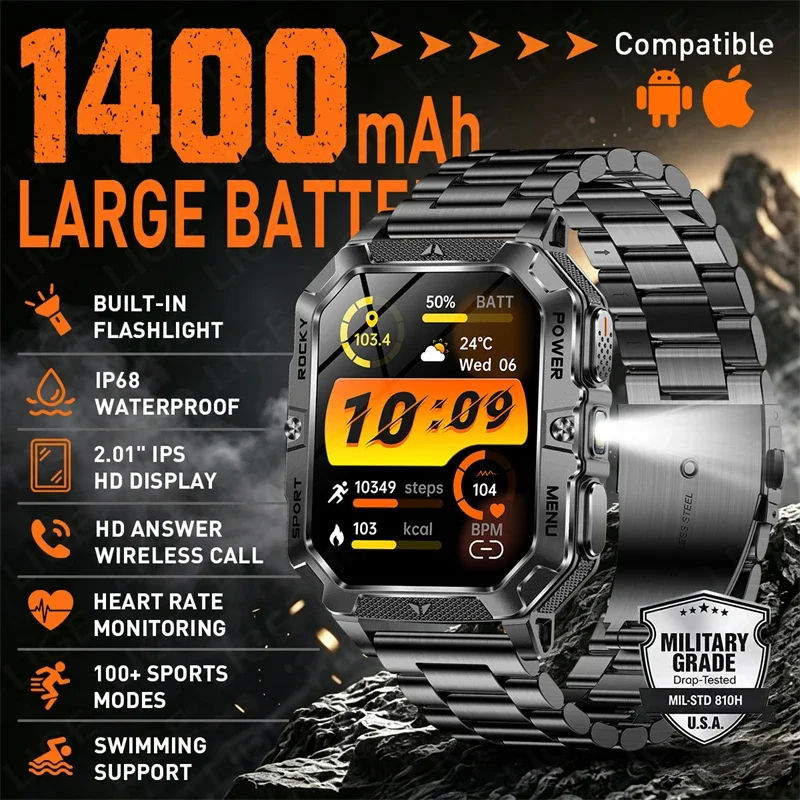 LIGE Military Smart Watch for Men 1400mAh Big Battery Smart Watches Flashlight IP68 Waterproof BT Call Sports Fitness Smartwatch