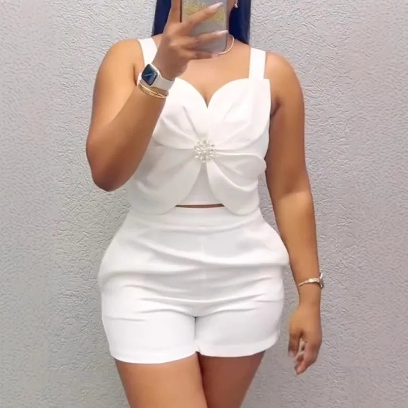 

Women's 2-piece Set Shorts Sleeveless Top High Waist Short Pants Ruched Front Solid Color Capris V Neck Fitted Waist Crop Pants