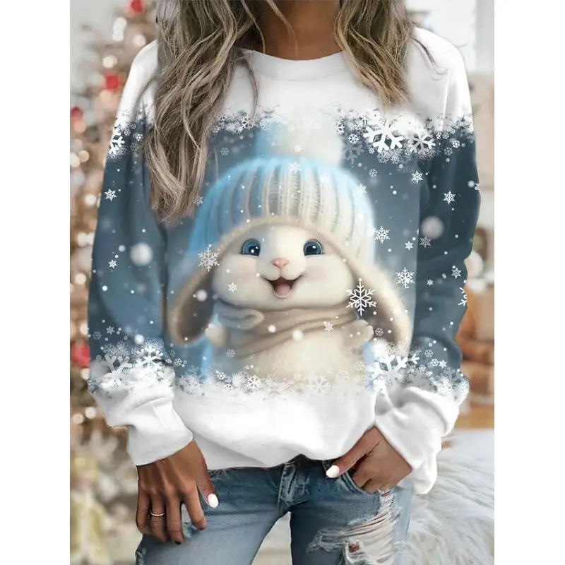Women's Pull-up Lantern Long Sleeve Round Neck Cartoon Geometric Graphic Print Contrasting Color Christmas Casual Fashion Top