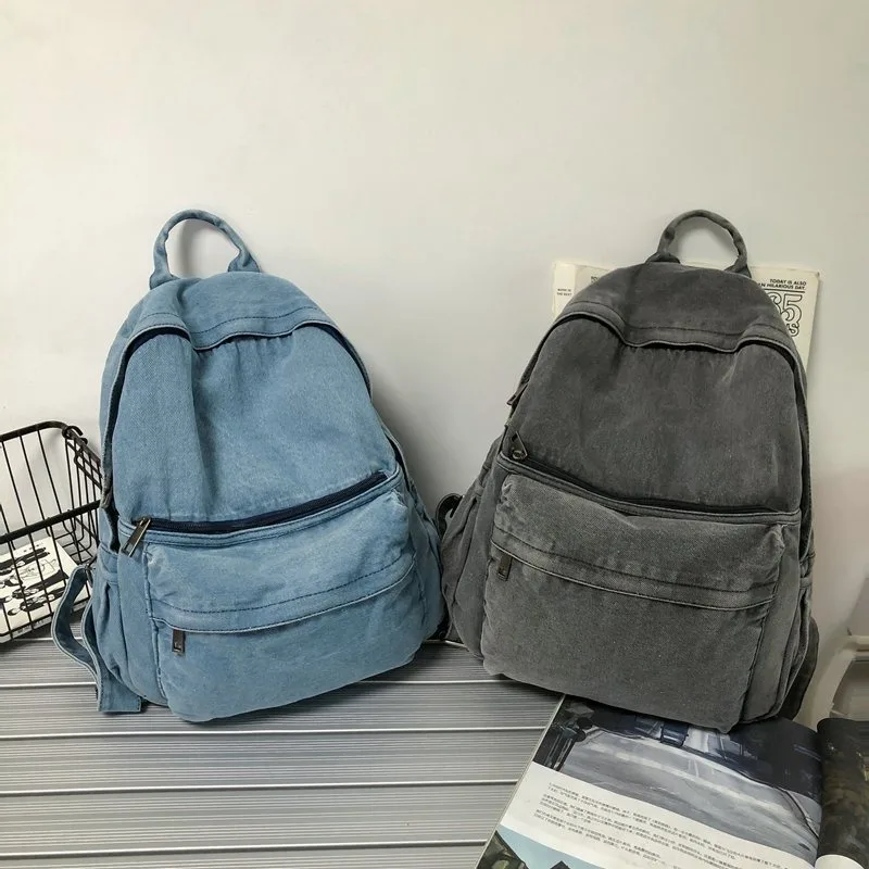 Vintage Simple Fashion Blue Gray Denim School Travel Backpacks for Women College Students Large Capacity Schoolbag Shoulder Bags