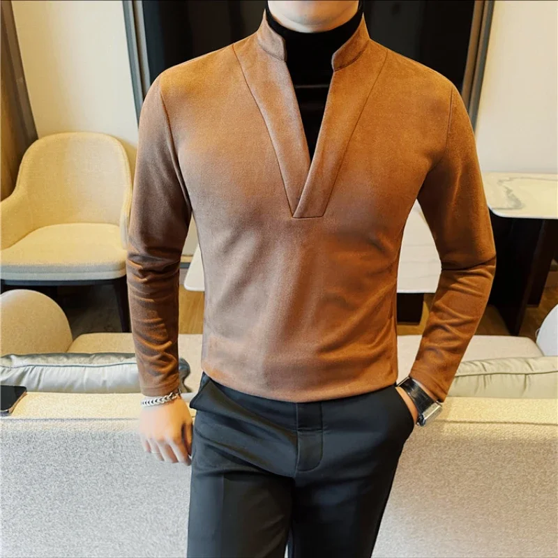 

Fake Two Piece Winter Pullover Men 2024 Japanese Style Fashionable Casual Solid Color Long Sleeved Warm Slim Elastic Street Wear