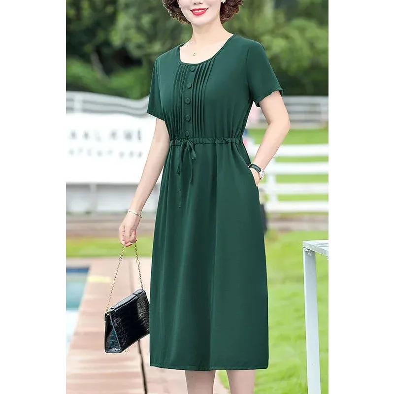 Women's Plus Size Solid Midi Dress, Casual Short Sleeve Pleated Waist Drawstring Summer Dress for Middle Aged