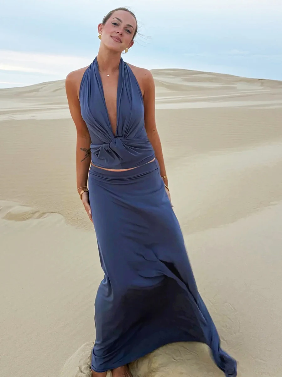 

Новый комплект из двух предметов Cutenew: классический топ-халтер с глубоким V-образным вырезом и открытой спиной + длинная юбка-макси персикового цвета, элегантный облегающий наряд