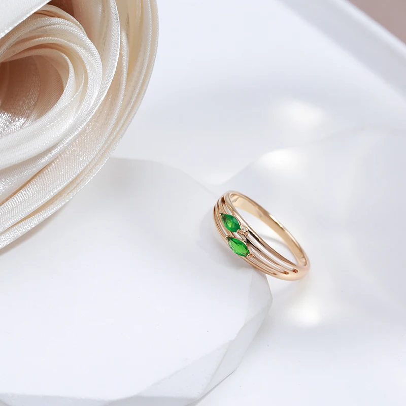 SYOUJYO Green Natural Zircon Leaf Rings For Women 585 Rose Gold Color Vintage Fine Jewelry Daily Easy Matching Slim Rings New