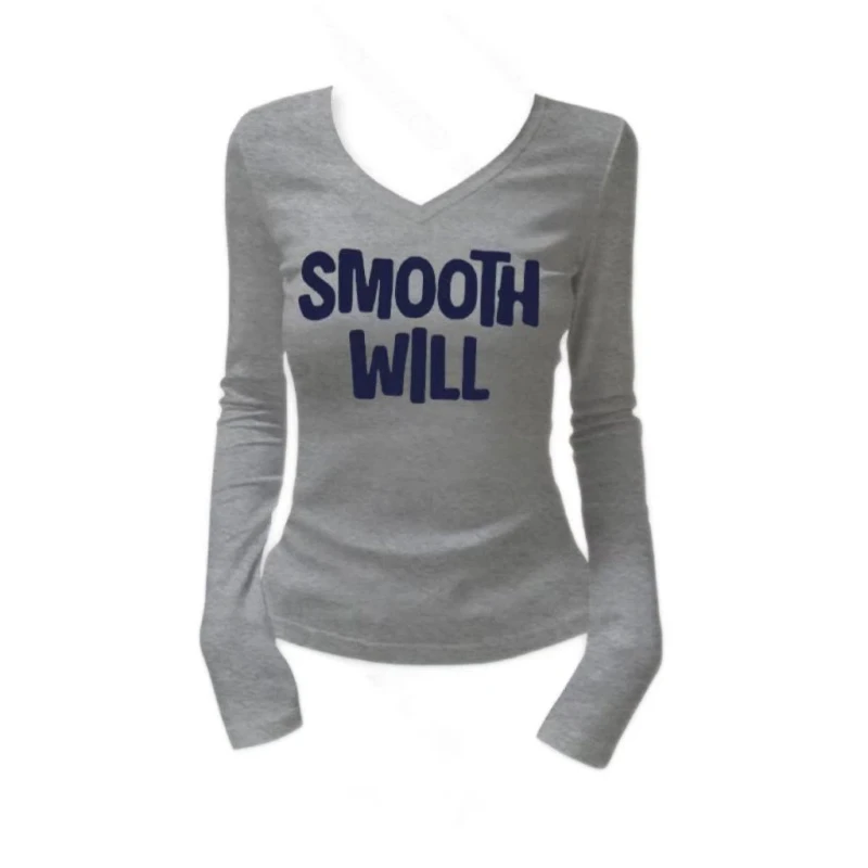 V Neck Slim Printing Letter High Street Tops Spring Autumn New Long Sleeve Youth Korean T Shirts Fashion Sweet Women Clothing