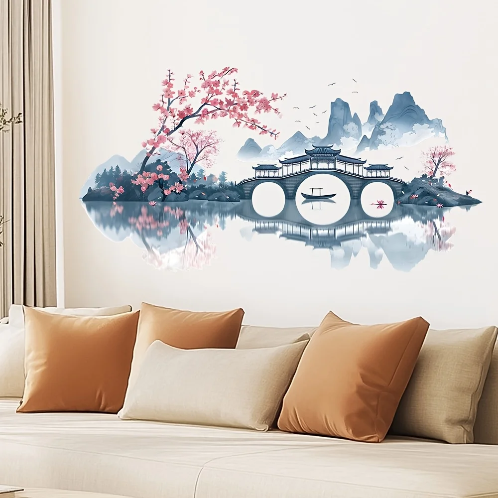1 Piece of Poetic Landscape Bridge Scene Wall Sticker, Self-Adhesive Chinese-Style Living Room Decoration Sticker, Ink-Style Sofa Background Wall Beautification Sticker, Suitable for Bedroom, Kitchen, Living Room, and Home Decoration