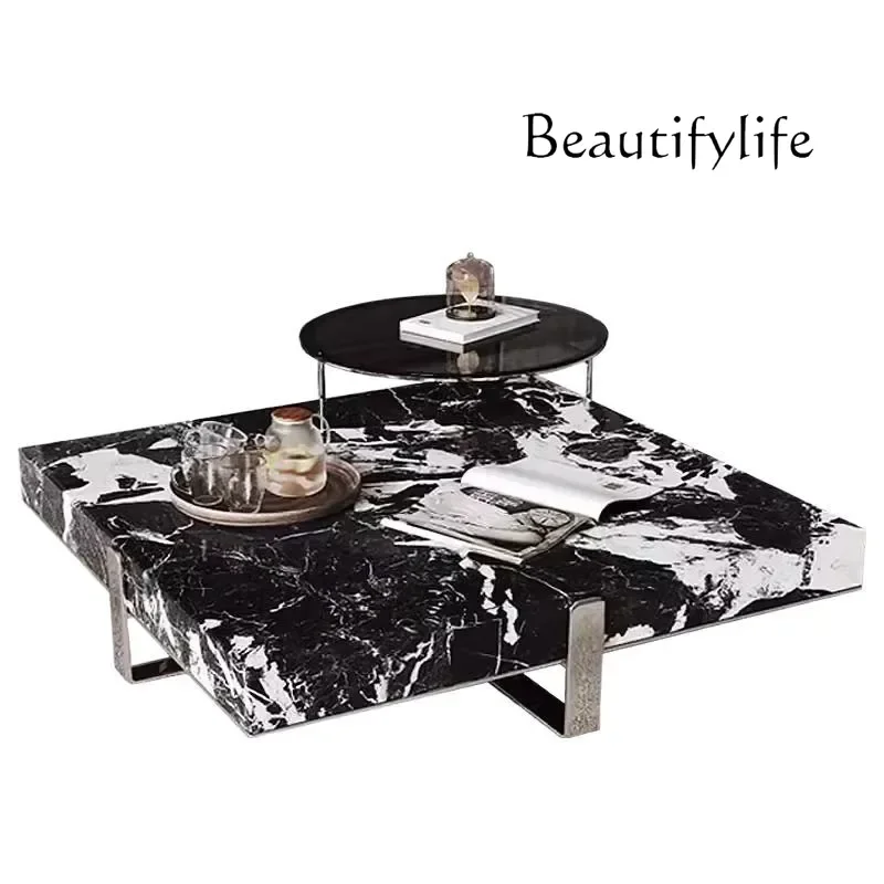 Italian Minimalist Square Coffee Table, Black White Stone Top, Heat-Resistant & Easy Clean, Sturdy Compact Designer Set