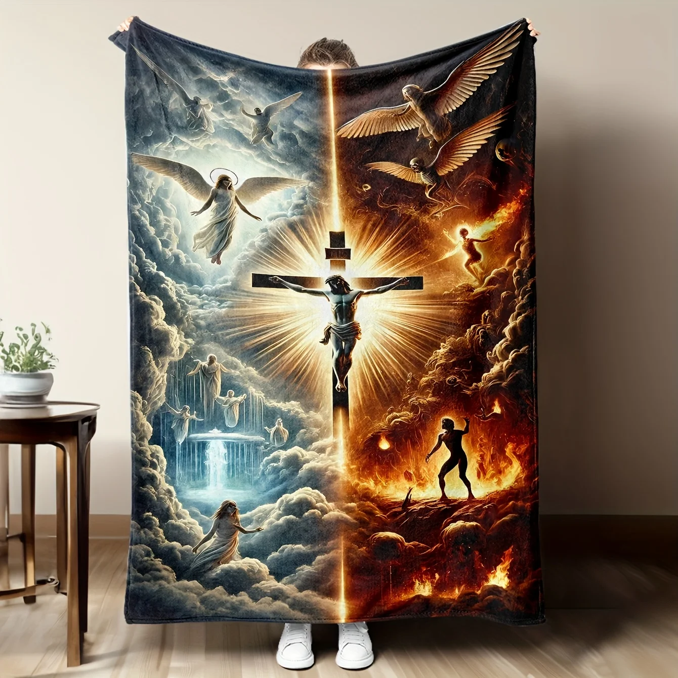 

1PC flannel blanket, with angel, God and devil patterns, a soft, warm and comfortable sofa bed office blanket