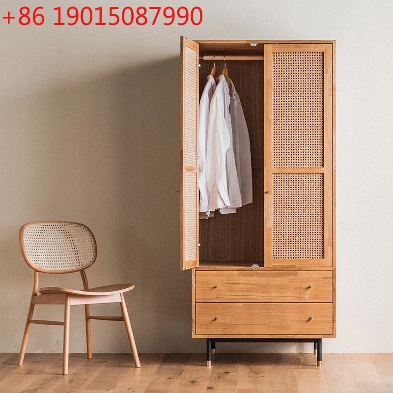 

Solid wood wardrobe modern simple double door tonality retro rattan wardrobe storage hanging wardrobe