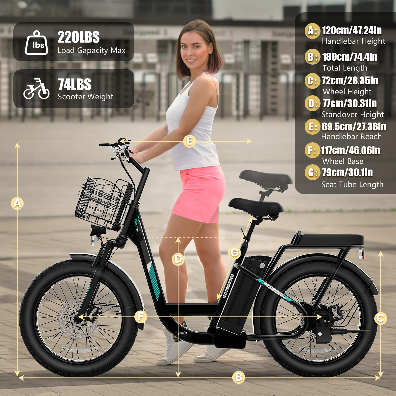 سكوتر كهربائي ذروة 560 وات مع مقعد، دراجة كهربائية بإطارات سميكة مقاس 20 بوصة، سكوتر للكبار للتنقل مع سلة ومقعد قابل للتعديل #5