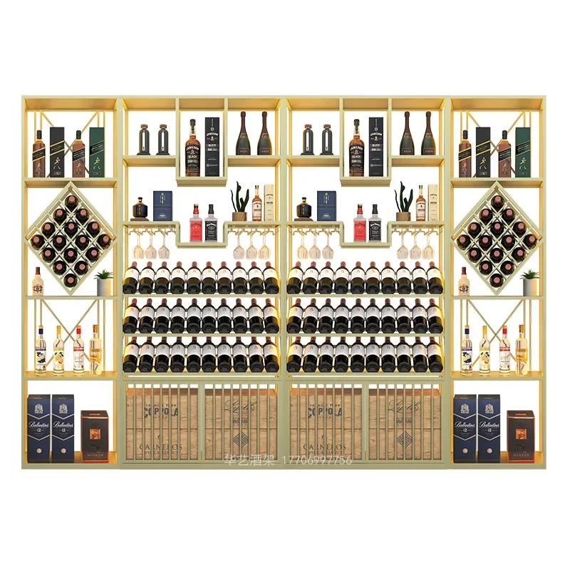 Vom Boden bis zur Decke reichendes, leuchtendes Weinregal aus Schmiedeeisen, kommerzielles Weinpräsentationsregal
