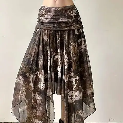

Korejpaa Summer New Woman Skirt Streetwear Retro Mesh Irregular Printed Skirts Splicing Spicy Girl Clothes Falda Sexy Mujer
