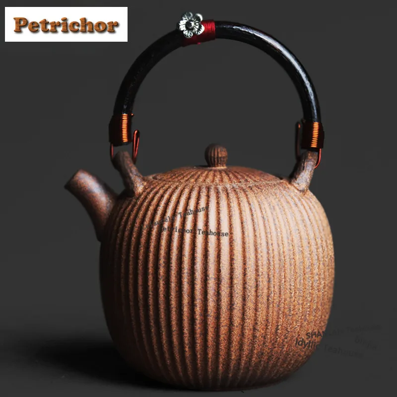 

Чайник для кипячения воды из грубой керамики с ребристой ручкой, 580 мл, большой объем, для заваривания чая, здоровый чайник, аксессуары для кафе, подарок