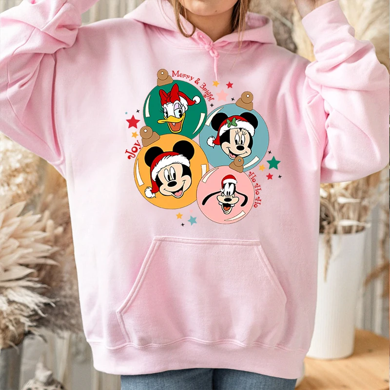 Mickey Mouse Hoodie cetakan natal wanita, atasan Sweater longgar Pink, Sweater olahraga beludru musim gugur dan musim dingin