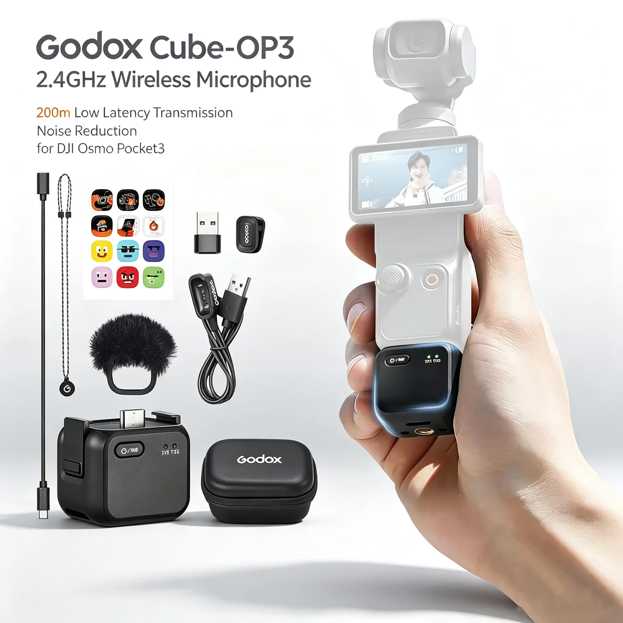 Godox Cube-OP3 2.4GHz Wireless Microphone Button Lightweight 200m Low Latency Transmission Noise Reduction for DJI Osmo Pocket3