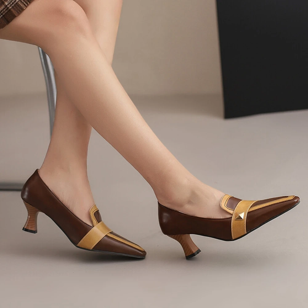 Elegant Women 5.5cm High Heels Slipony Pumps Retro Classic Pu Leather Lady Brown Office Roman Simple Shoes Biggest size 49 50 24