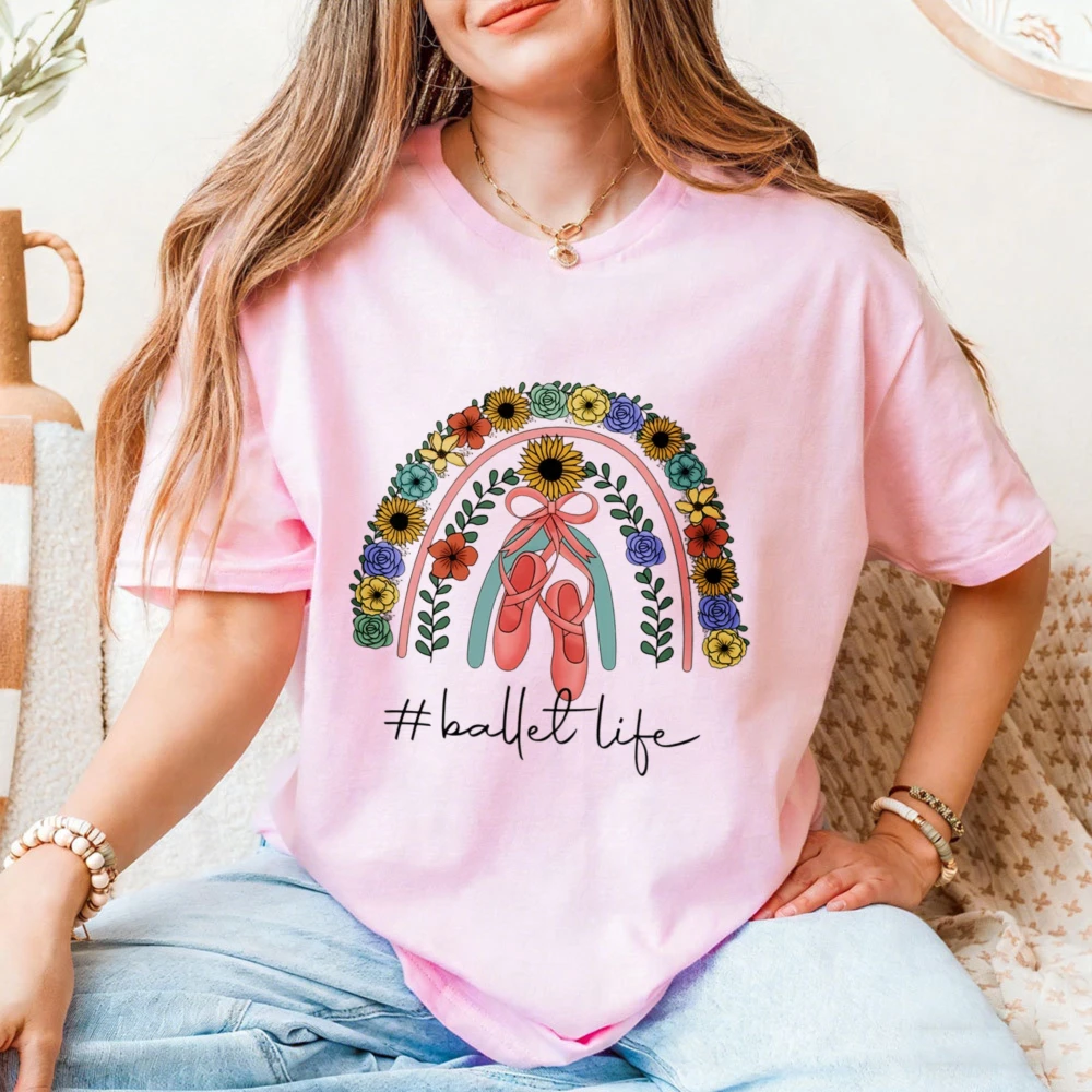 #balletlife Floral Rainbow Ballet Shoes T-Shirt Dance Gift Trendy Ballet Life Floral Rainbow Graphic Tee Dance Lover Casual Tops