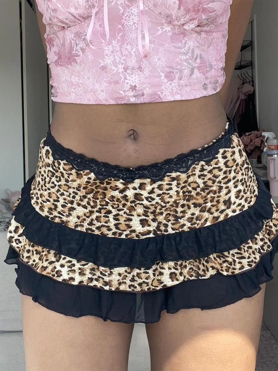Women Fashion Trendy Mini Skirts Leopard Print Patchwork Ruffles Elastic Waist Short Skirts Summer Casual Skirts Streetwear Club
