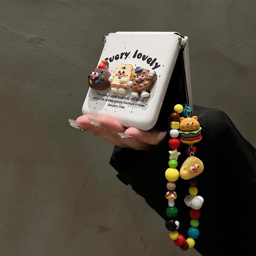 

Funny 3d cookie Phone Case for Samsung zflip6 5 4 Case Oppo findn3flip/findn2flip/Xiaomi Mix flip Leather Cover Bracelet Chain