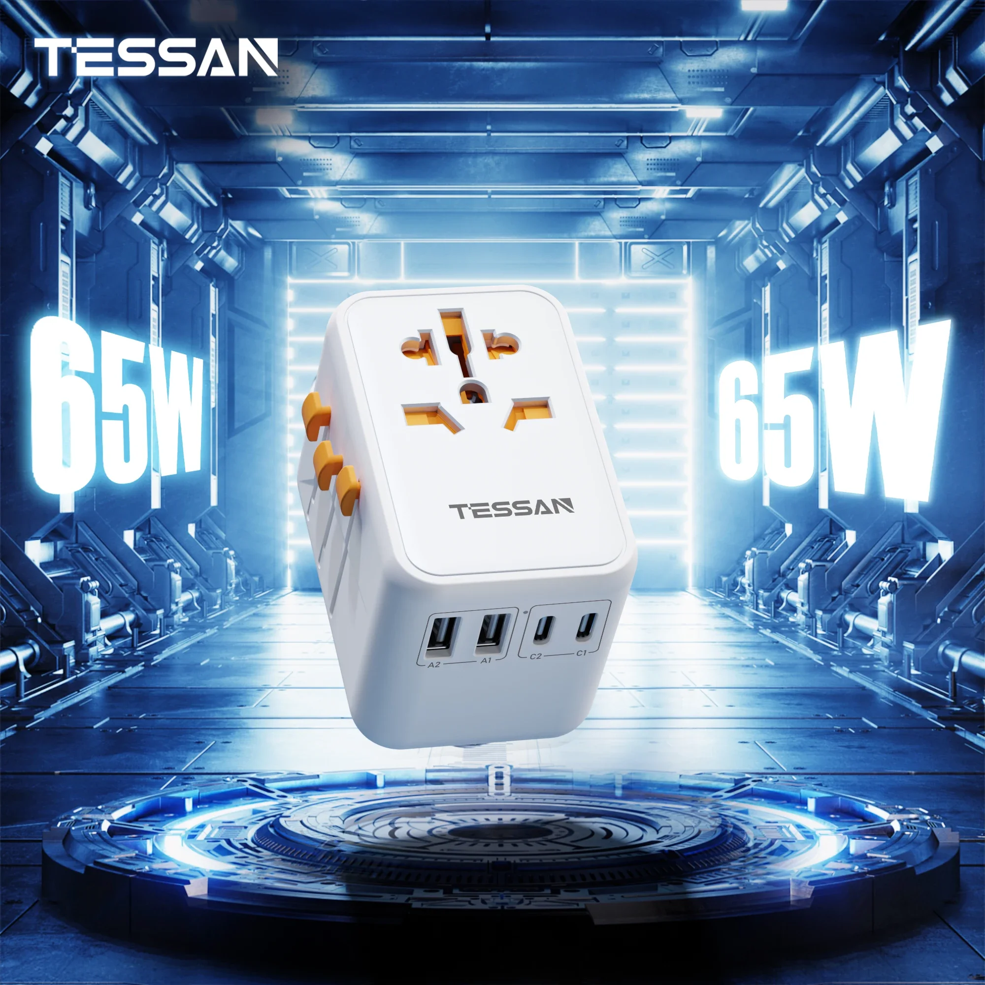 TESSAN 65W Charger Universal Travel Plug Adapter with 2 USB Ports Type C Fast Charging Power Adapter EU/UK/USA/AUS Plug Adapter