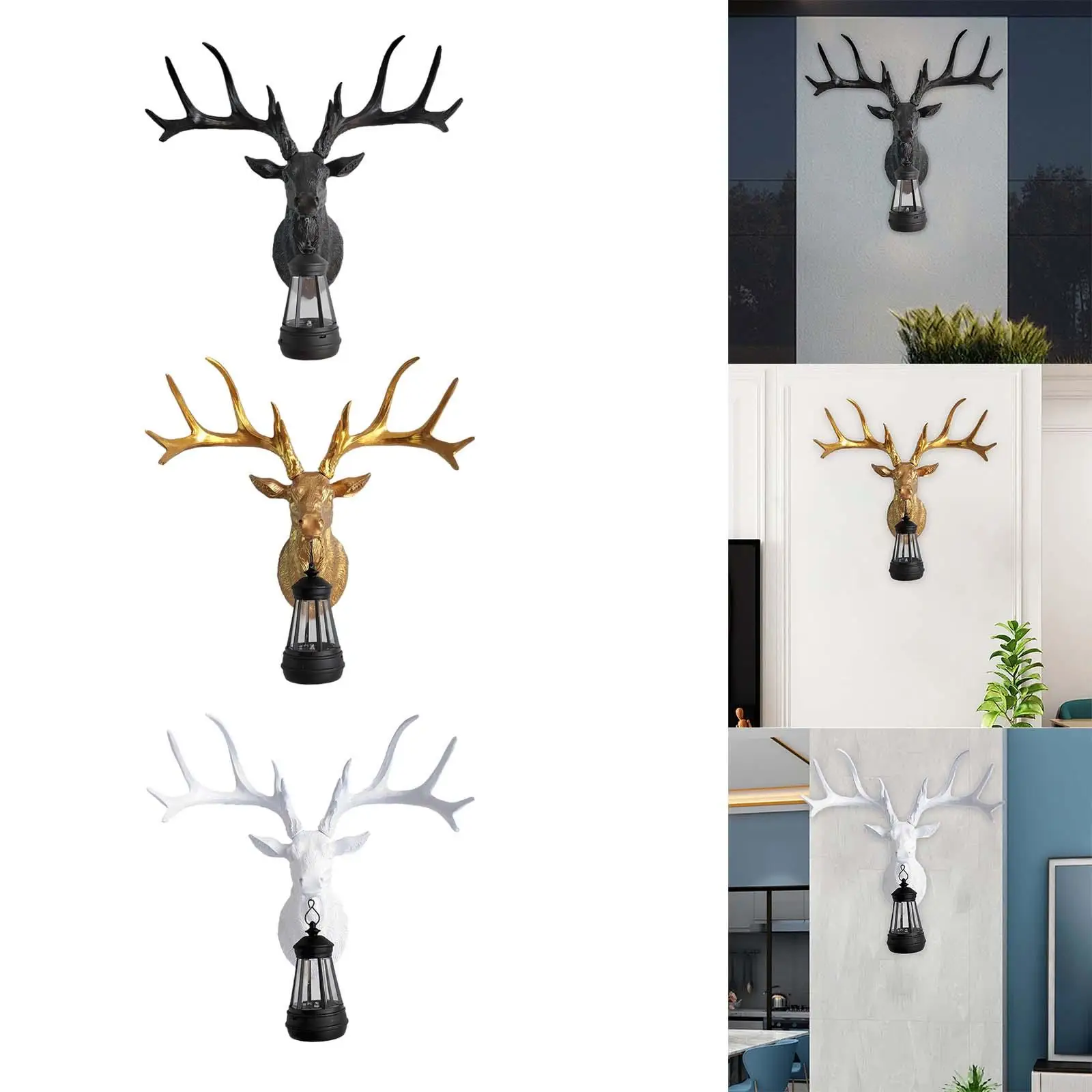 

Deer Head Wall Lamp Realistic Craft Resin Solar Deer Sculpture Animal Wall Art for Background Home Living Room Outdoor Garden