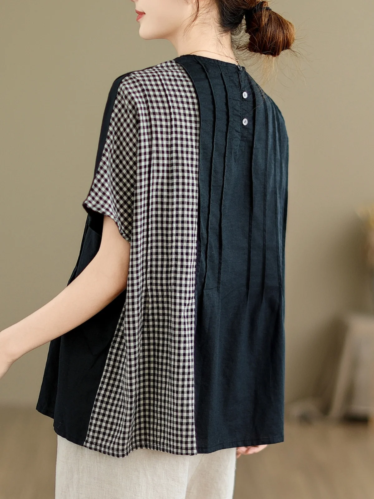 Camiseta de talla grande para mujer, camiseta redonda de algodón y lino, Top Vintage a cuadros japonés, informal, Faion